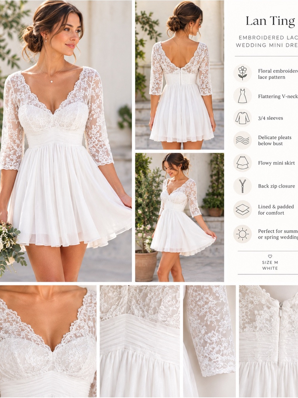 Lan Ting Medium White Embroidered Lace Wedding Mini‎ Dress Women's Bridal - NWT